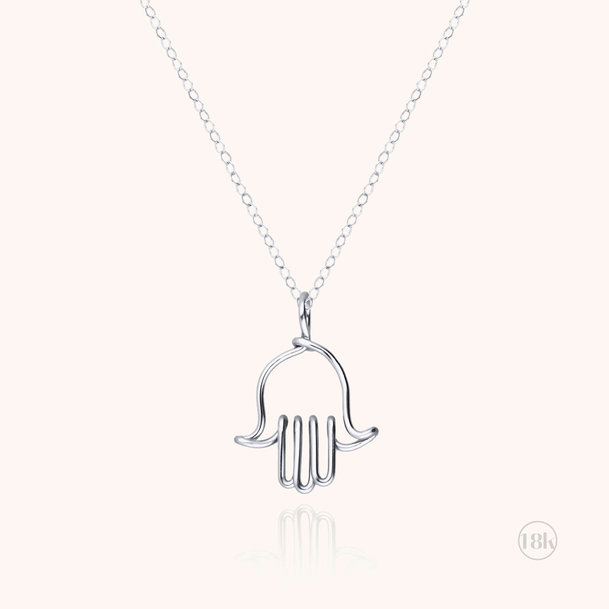 Symbolic Hand of Fatima Charms Necklace in 18k white gold wire, main view of the pendant