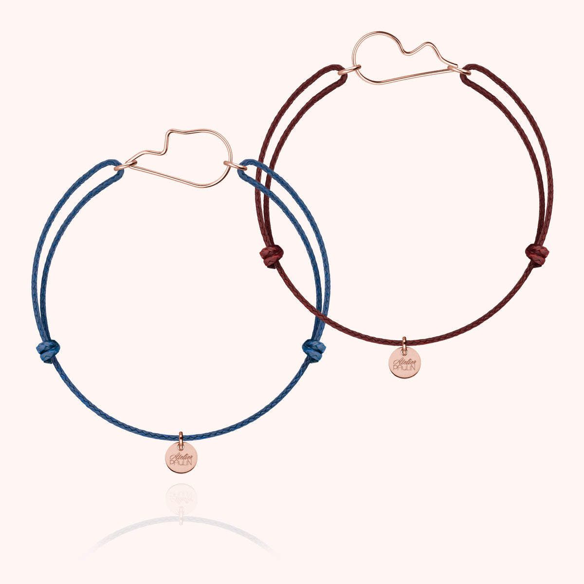 Duo de Bracelets Cordons Cœur de l'Amour en or rose laminé, cordons bleu minéral et prune