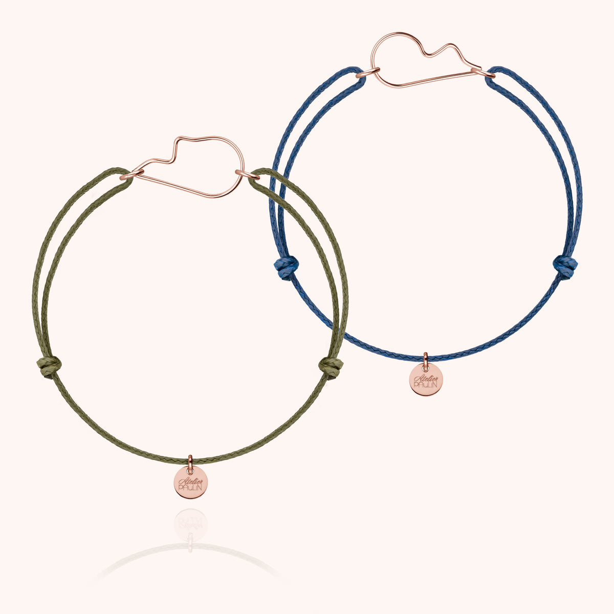 Duo de Bracelets Cordons Cœur de l'Amour en or rose laminé, cordons olive et bleu minéral