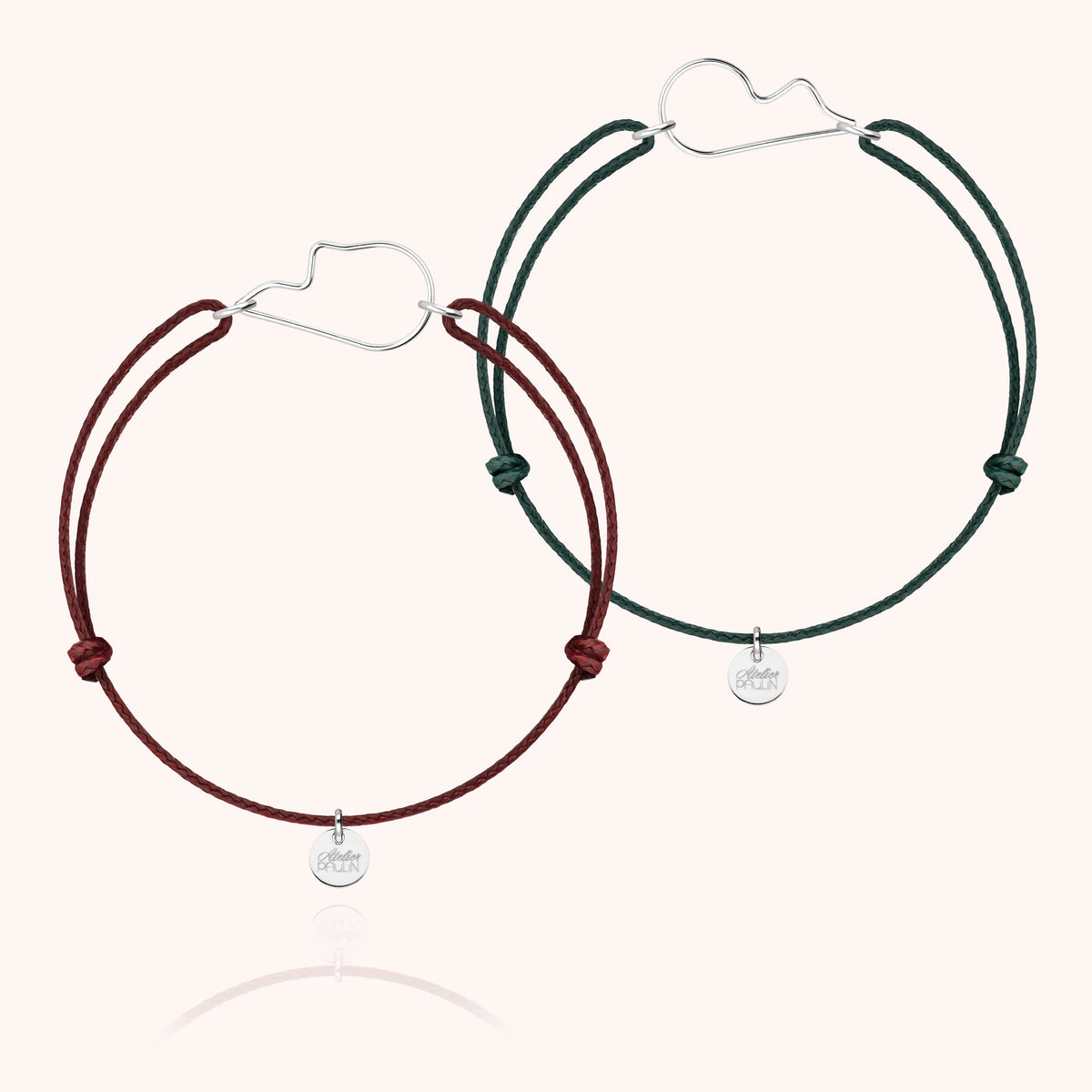 Duo Armbänder Kordeln Herz der Liebe aus 925er Sterlingsilber, Kordeln pflaume und englischgrün