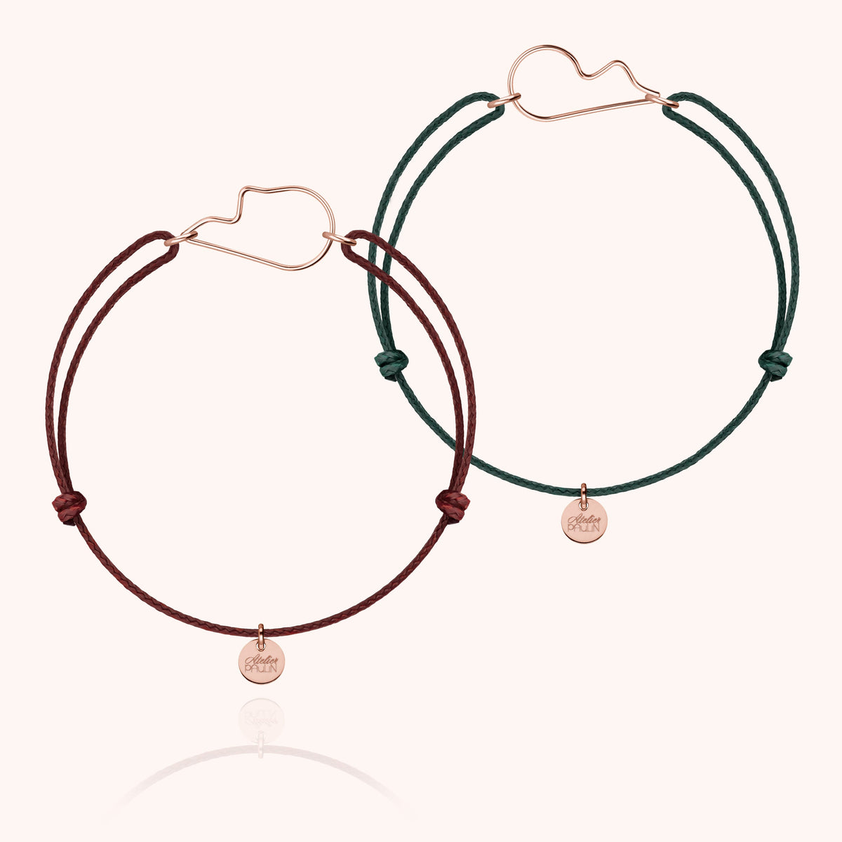 Duo de Bracelets Cordons Cœur de l'Amour en or rose laminé, cordons prune et vert anglais