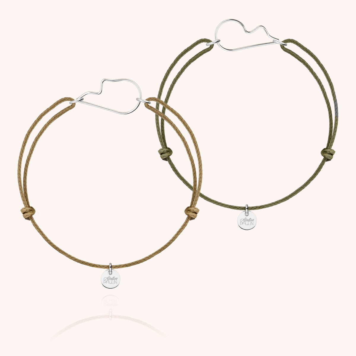 Duo de Bracelets Cordons Cœur de l'Amour en argent sterling 925, cordons taupe et olive