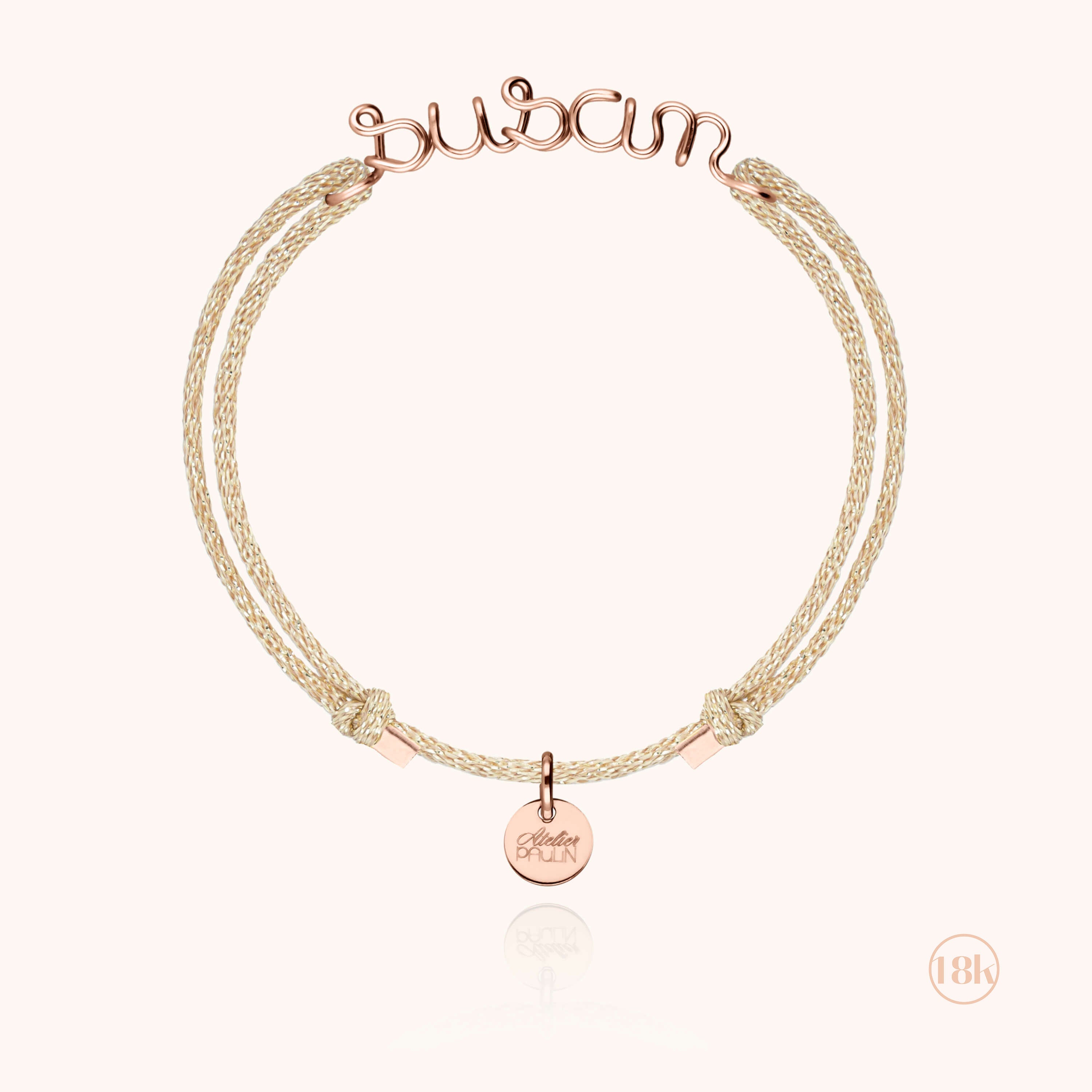 Bracelet Cordon Lurex Personnalisé porté au poignet — or rose 18K livraison soigneuse garantie