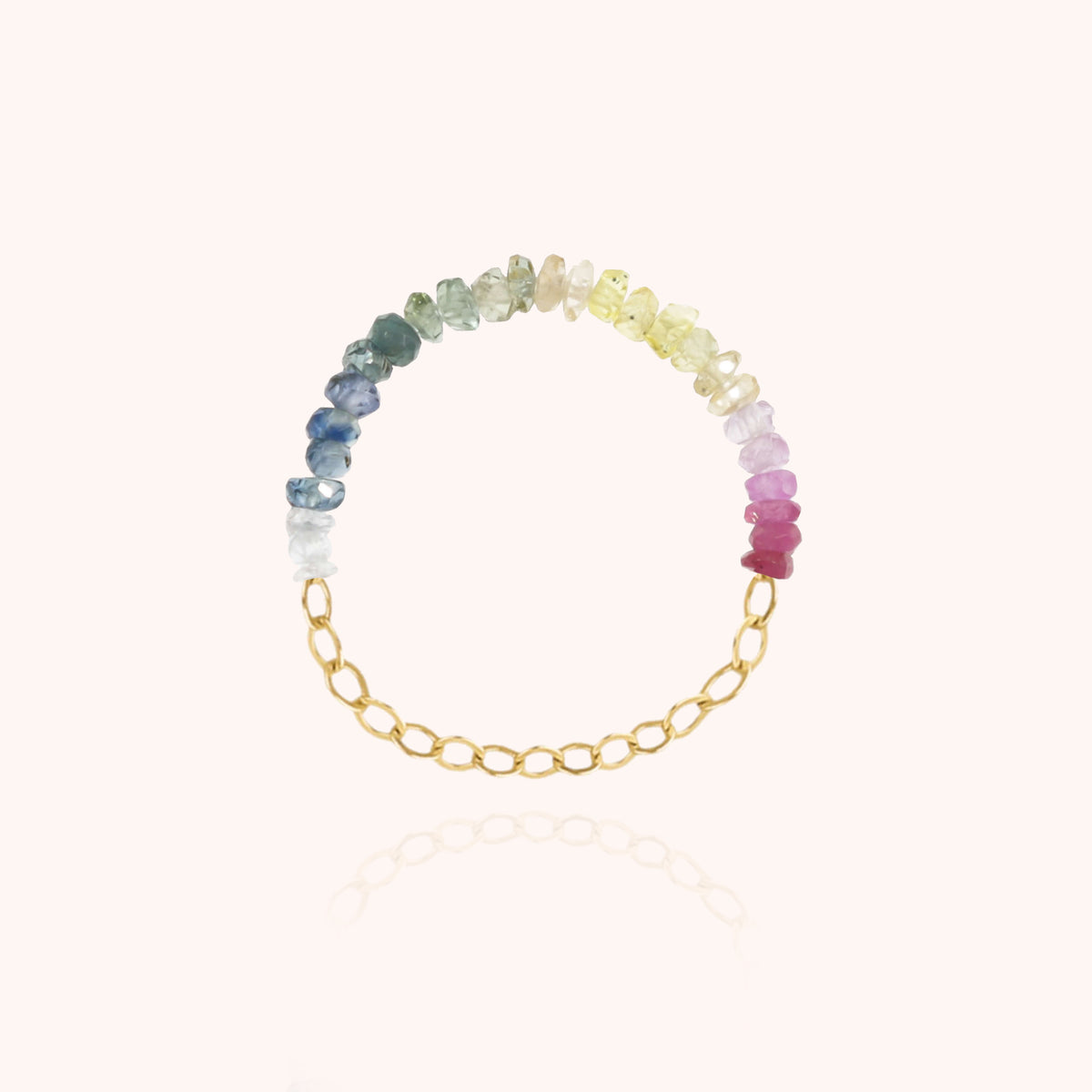Kette-Ring aus gelbem Goldfilled, Farbverlauf aus Regenbogensaphir-Perlen