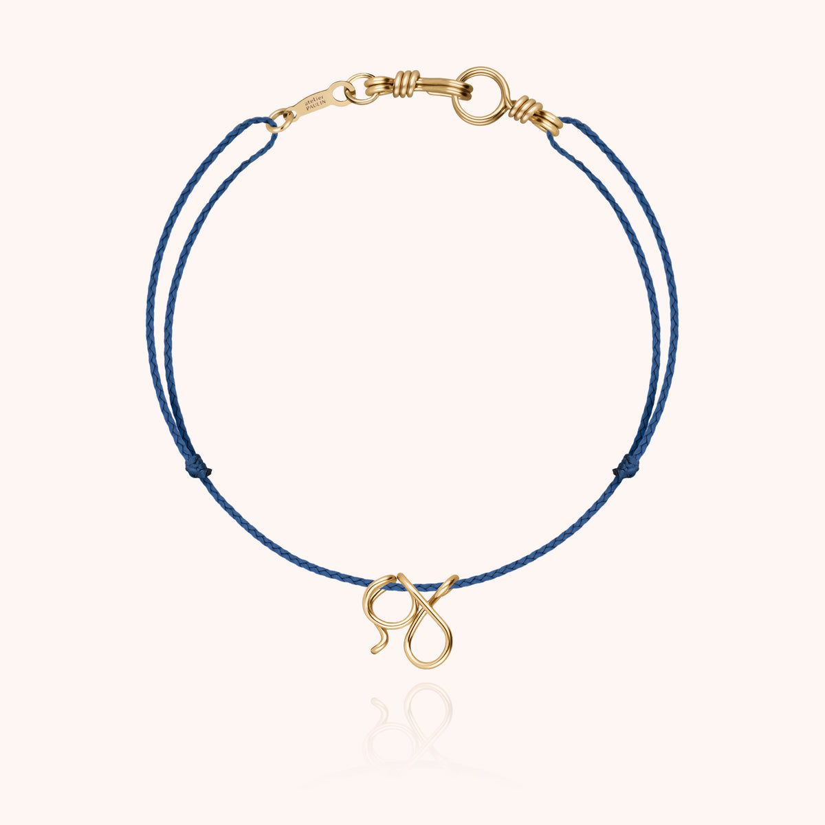 Armband Kordel Uni Initiale Mini Attache moi „G" aus 18 Karat Gelbgold, Kordel Mineralblau