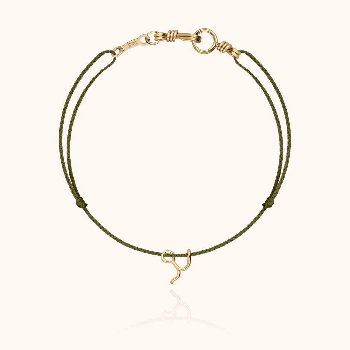 Armband Kordel Uni Initiale Mini Attache moi „I" aus 18 Karat Gelbgold, khakifarbene Kordel
