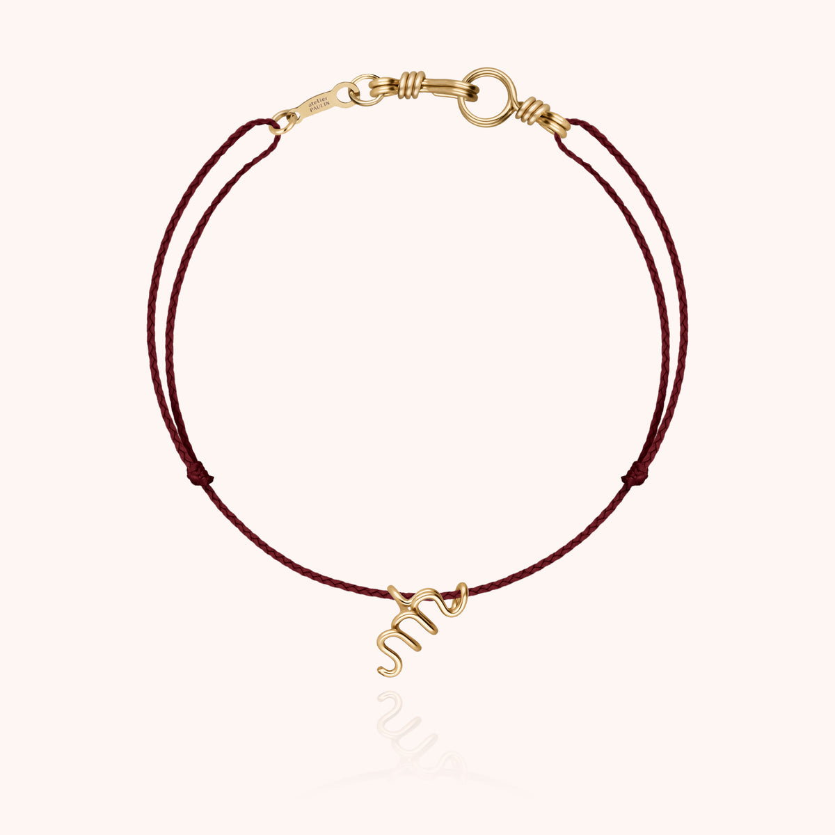 Armband Kordel Uni Initiale Mini Attache moi „M" aus 18 Karat Gelbgold, Kordel Pflaume