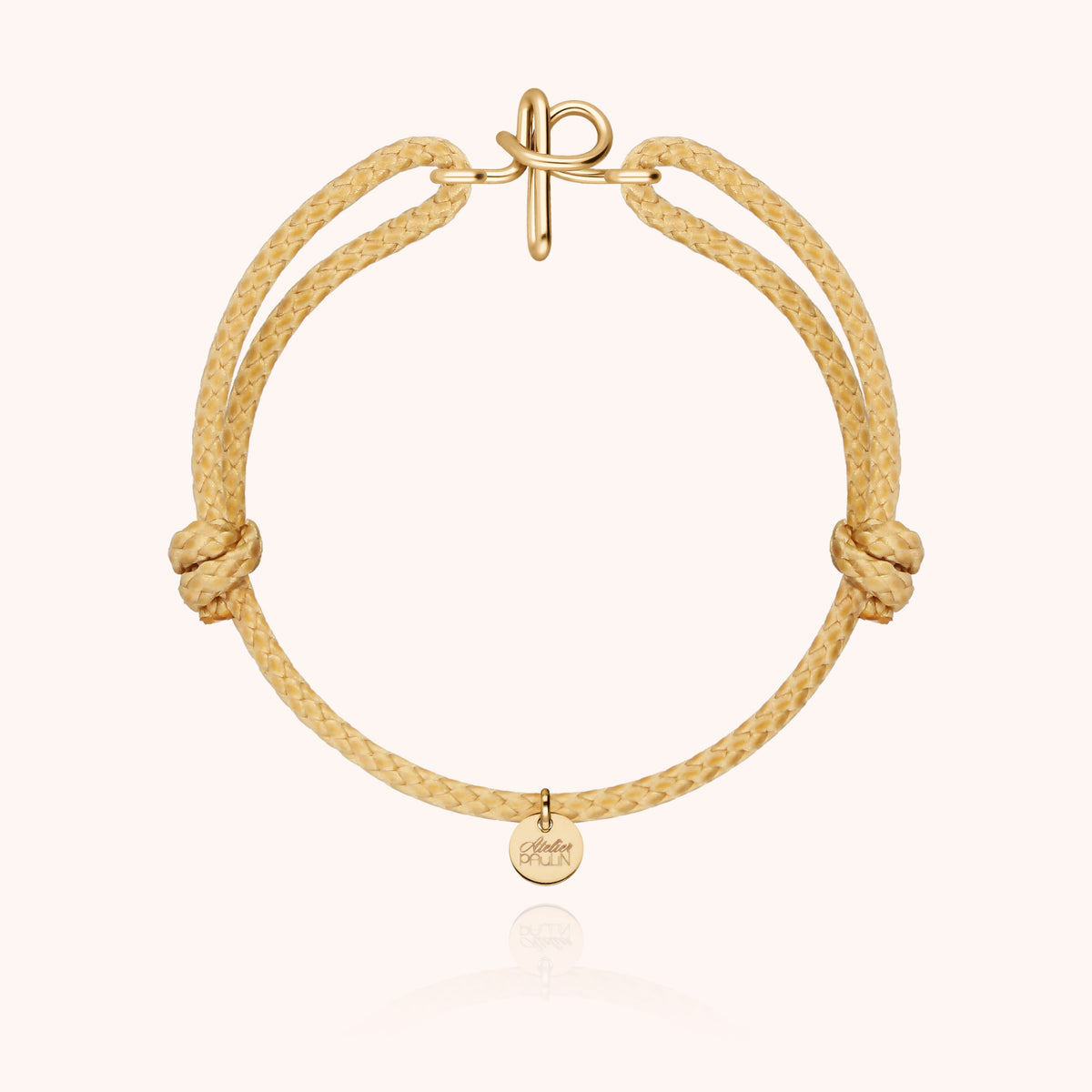 Bracciale Cordino Cerato Iniziale Uomo « P » in filo d'oro giallo laminato 14k, cordino beige naturale