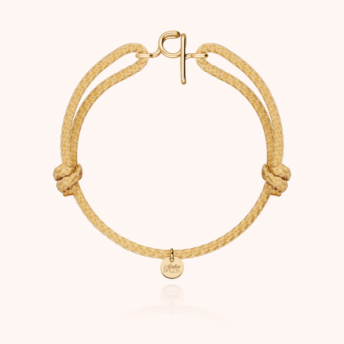 Bracciale Cordino Cerato Iniziale Uomo « Q » in filo d'oro giallo laminato 14k, cordino beige naturale