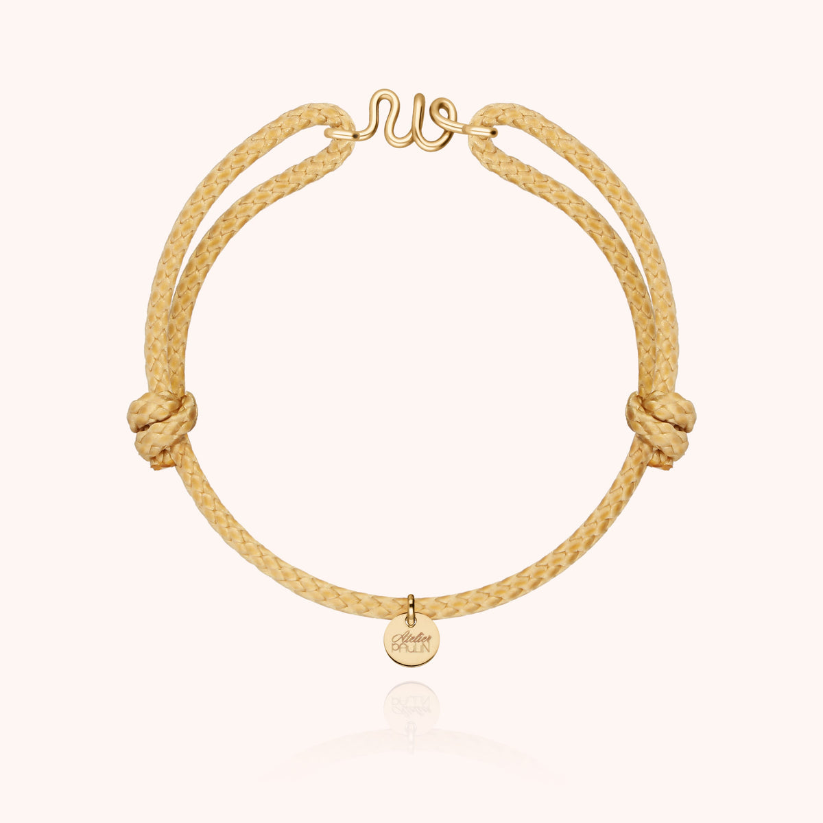 Bracciale Cordino Cerato Iniziale Uomo « W » in filo d'oro giallo laminato 14k, cordino beige naturale