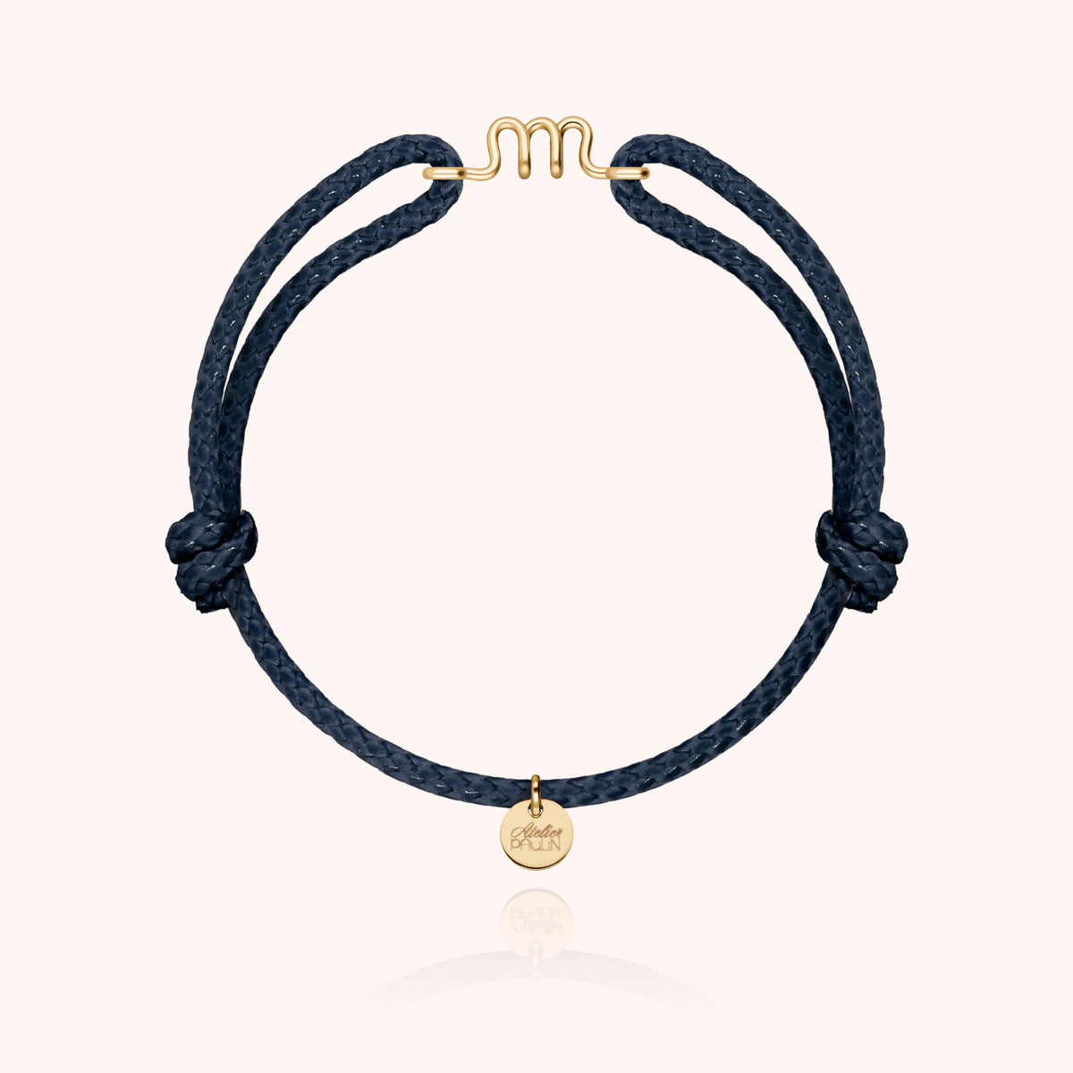 Bracciale Cordino Cerato Iniziale Uomo « M » in filo d'oro giallo laminato 14k, cordino blu navy