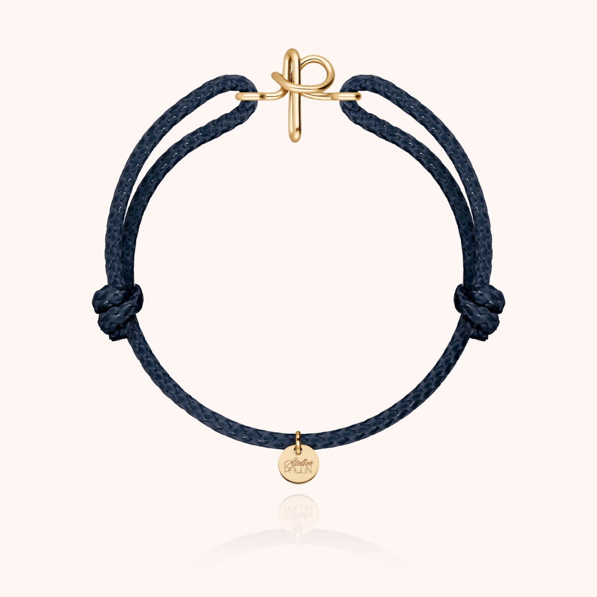 Bracciale Cordino Cerato Iniziale Uomo « P » in filo d'oro giallo laminato 14k, cordino blu navy