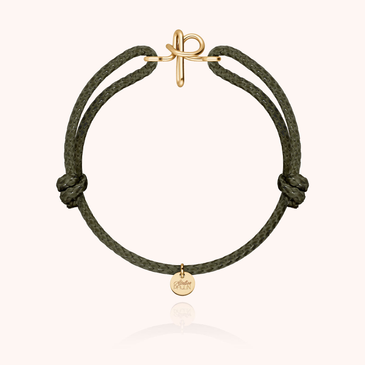 Bracciale Cordino Cerato Iniziale Uomo « P » in filo d'oro giallo laminato 14k, cordino kaki