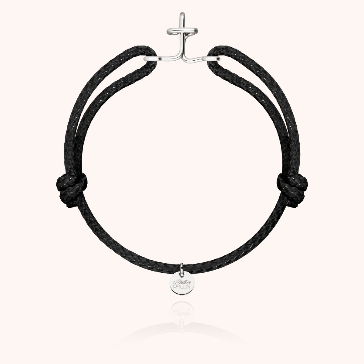 Armband Wachskordel Initiale für Herren „T" aus 925 Sterlingsilber, schwarze Kordel