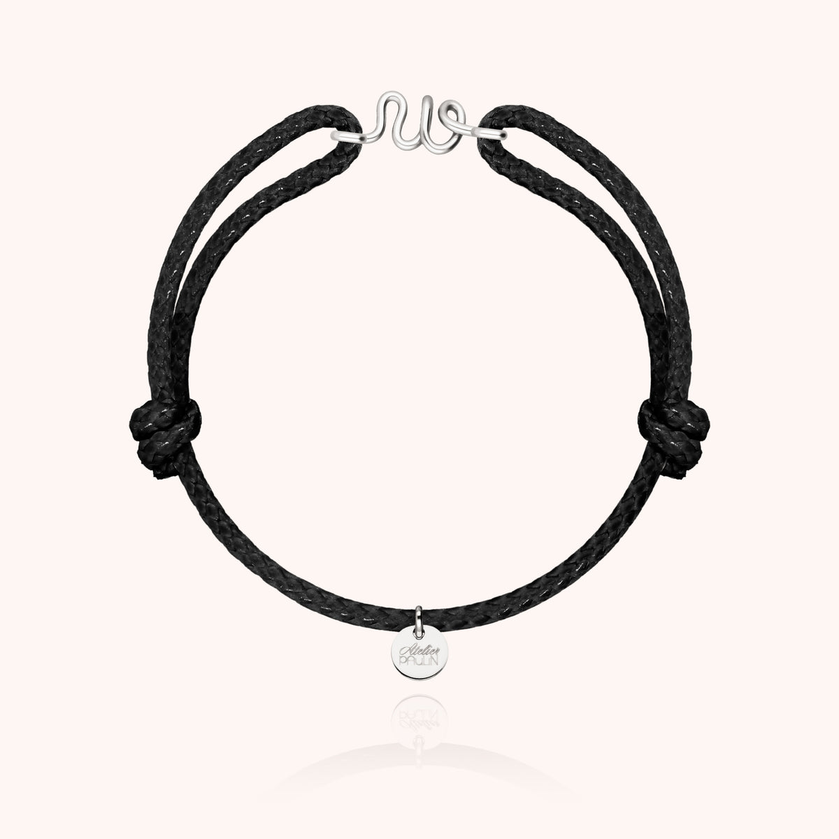 Armband Wachskordel Initiale für Herren „W" aus 925 Sterlingsilber, schwarze Kordel