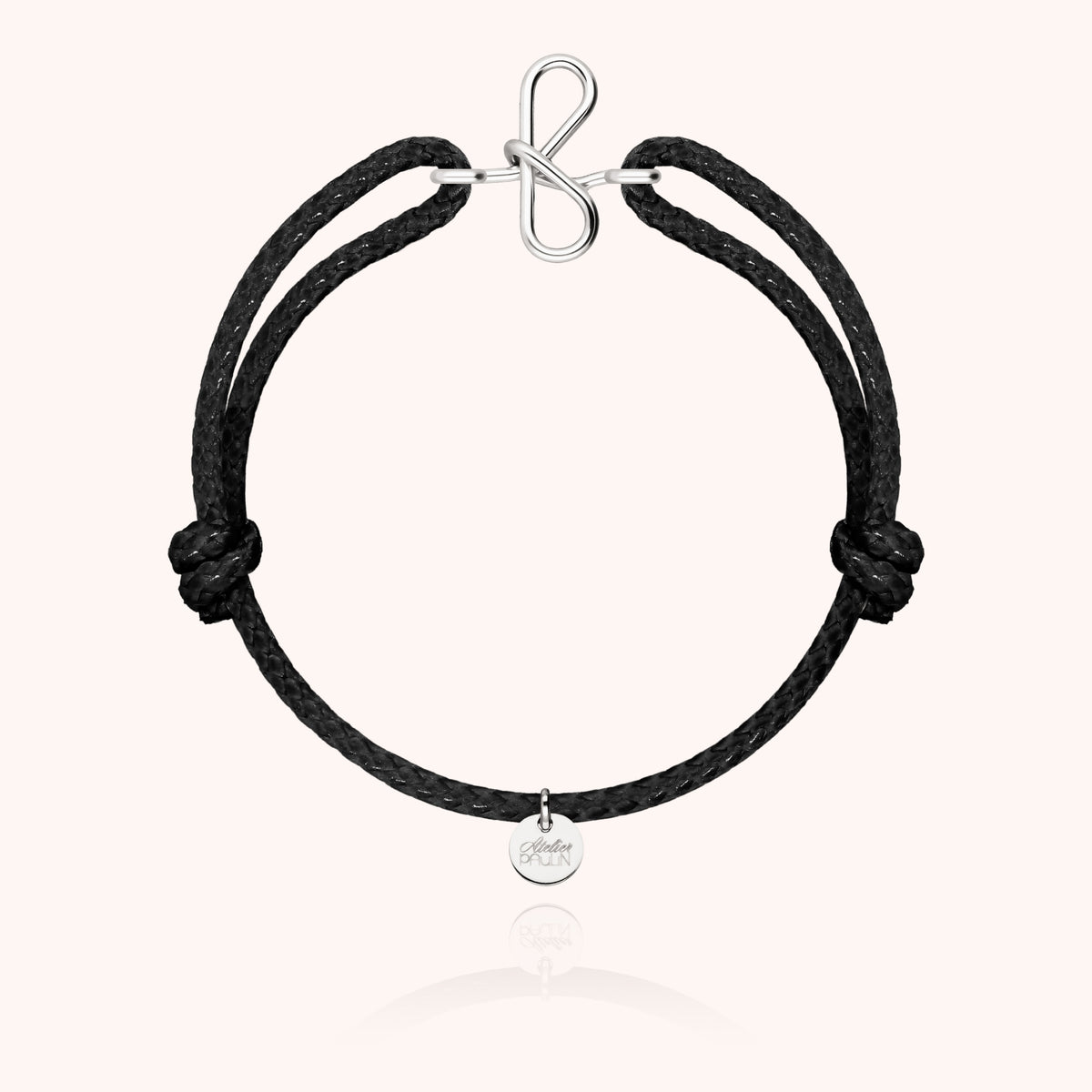 Armband Wachskordel Initiale für Herren „F" aus 925 Sterlingsilber, schwarze Kordel