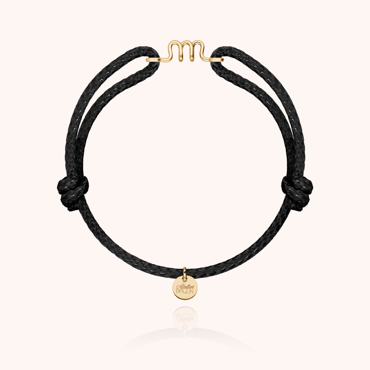 Bracciale Cordino Cerato Iniziale Uomo « M » in filo d'oro giallo laminato 14k, cordino nero