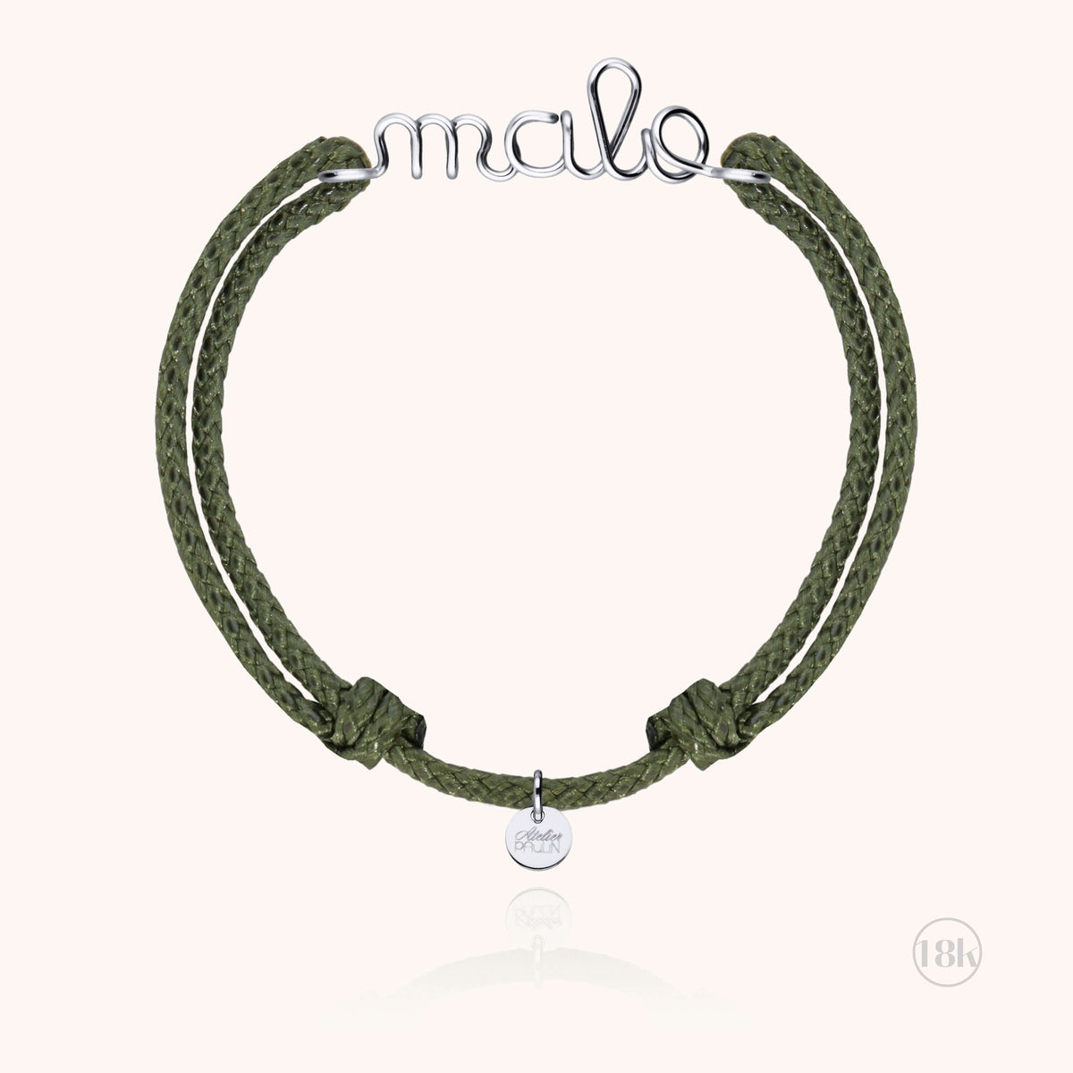 Bracelet Cordon Ciré Personnalisé Homme porté au poignet — or blanc 18K expédition rapide et sécurisée