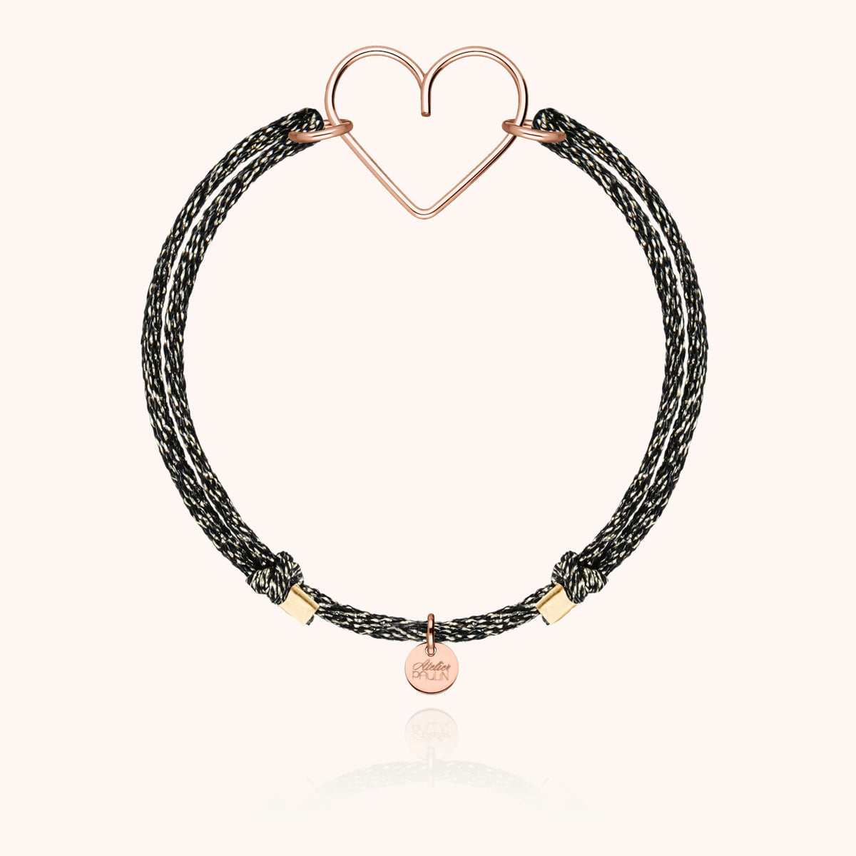 Bracciale Cordino Lurex Cuore in filo d'oro rosa laminato 14k, su fondo bianco