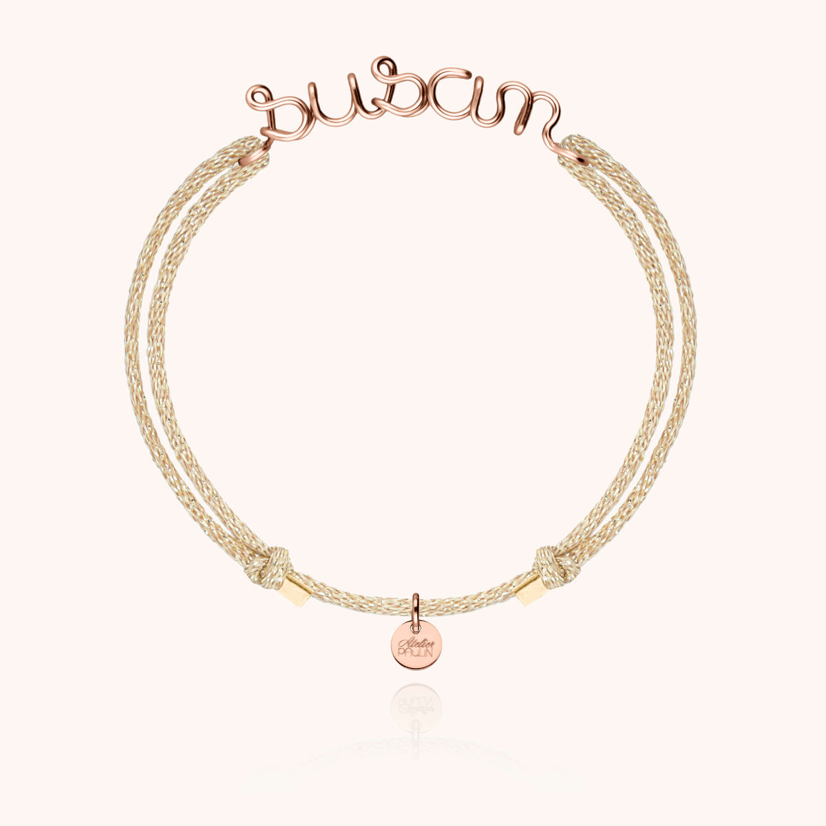 Bracciale Cordino Lurex Personalizzato in filo d'oro rosa laminato 14k, portato al polso