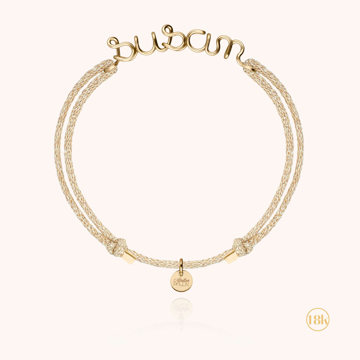Bracciale Cordino Lurex Personalizzato in filo d'oro giallo 18kt, portato al polso