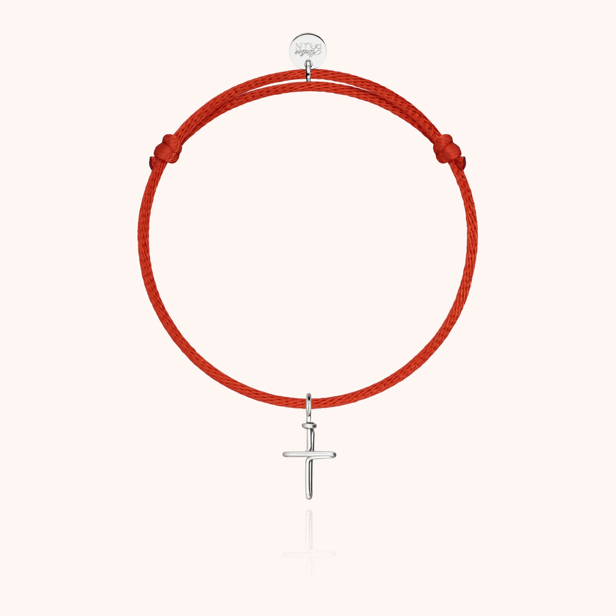 Bracciale Cordino Charms Simbolico Croce in filo d'oro bianco 18kt con la sua targhetta in argento sterling