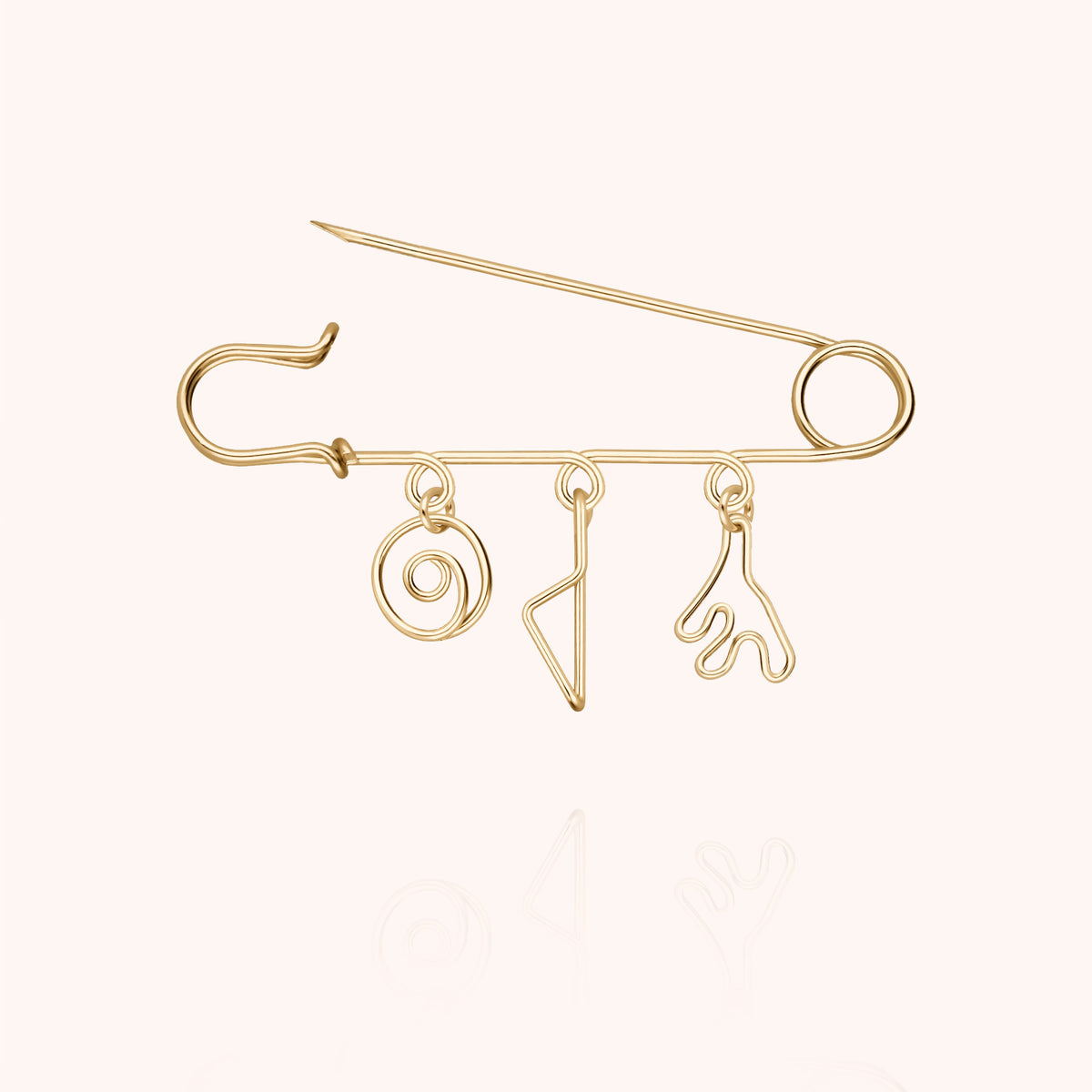 Charms-Brosche Trio Corsica aus gelbem Goldfilled, geöffnete Nadel