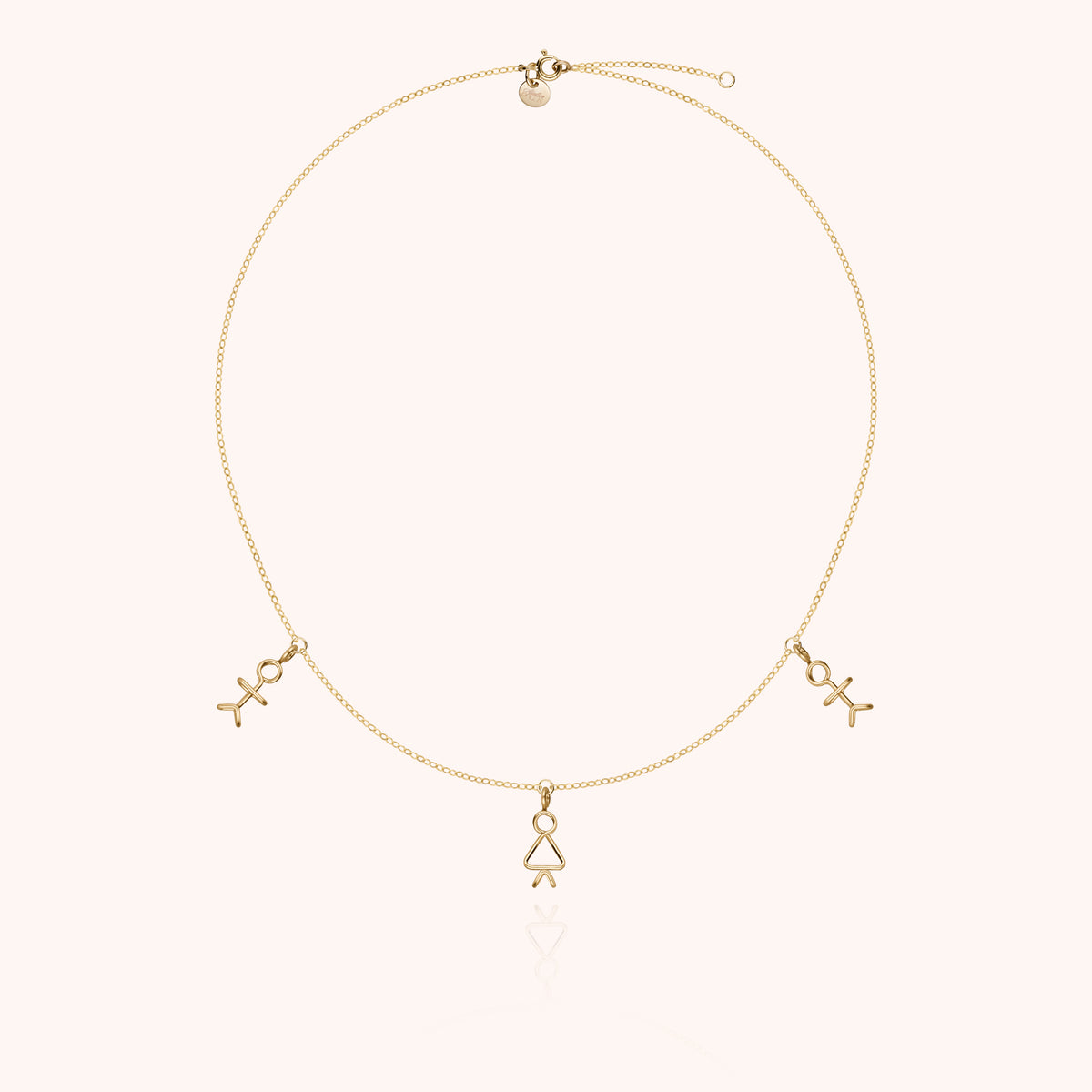 Collana Charms Trio Family in filo d'oro giallo laminato 14k, tre charm silhouette