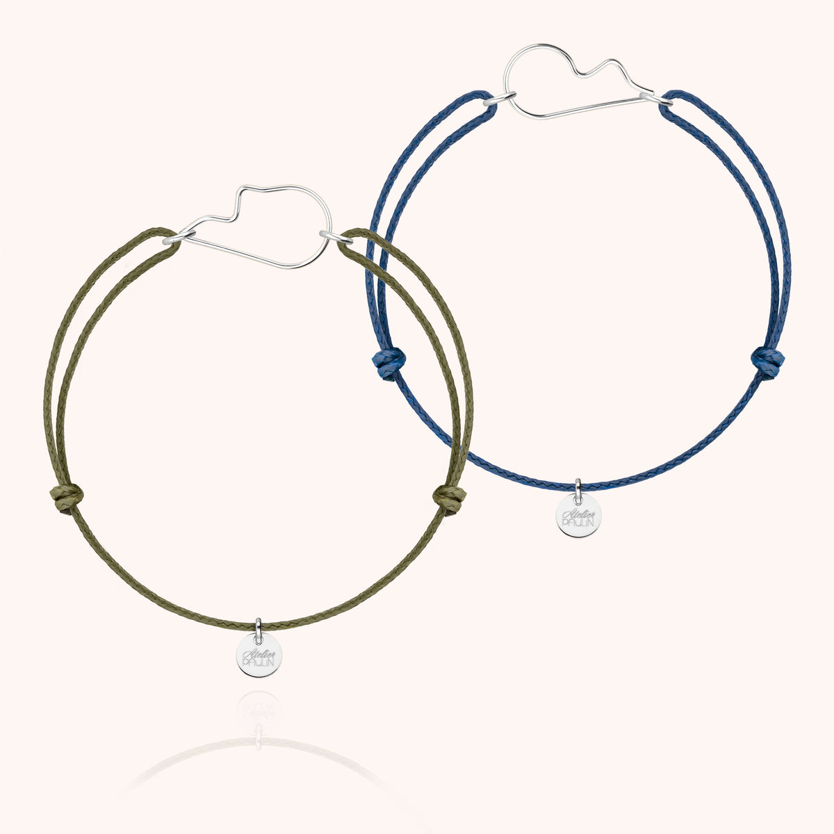 Duo Kordelarmbänder Herz der Liebe aus 925er Sterlingsilber, Kordeln Olive und Mineralblau