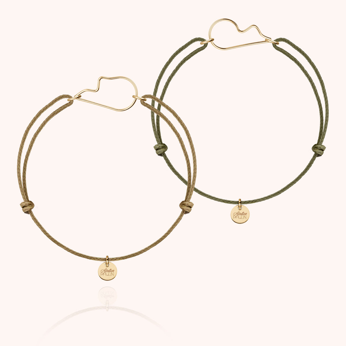Duo Armbänder mit Kordel Herz der Liebe aus Gelbes Goldfilled, Kordeln oliv und taupe