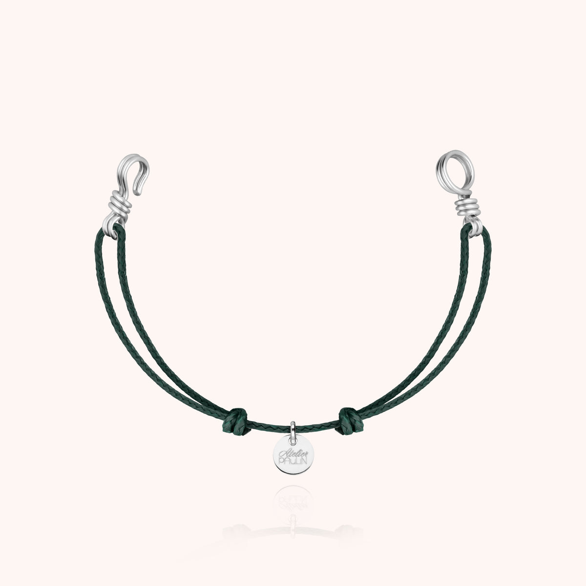 Slim Knot Mini Cord Bracelet Attache moi in sterling silver wire, English green cord