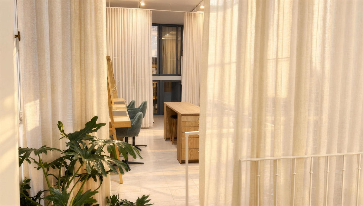L’atelier Atelier Paulin dans le Marais : établis en bois, rideaux clairs et plantes vertes