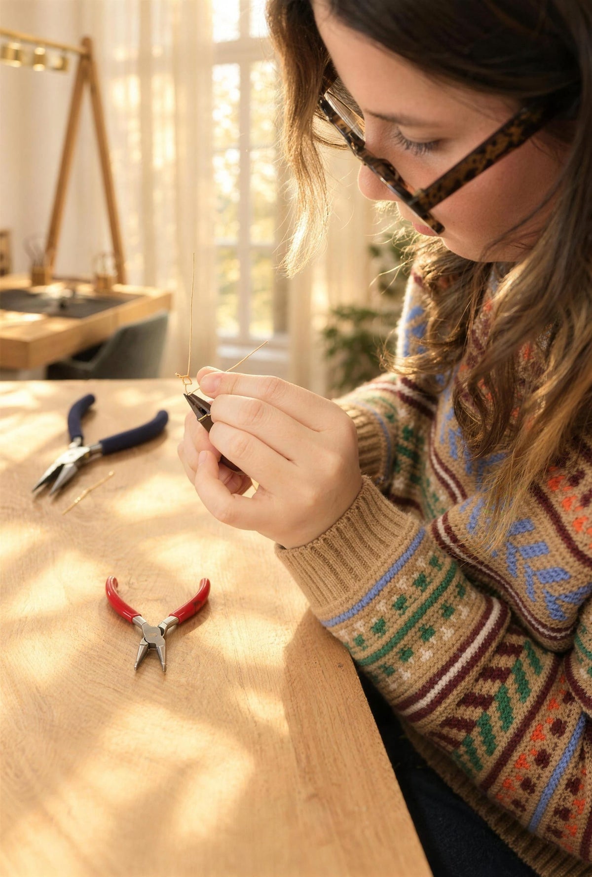 A participant hand-shapes her initial with pliers from a gold wire, at the Au wire of gold workshop by Atelier Paulin