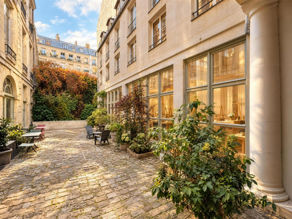 La cour pavée et plantée du 8 bis rue de Braque, dans le Marais, bordée par les baies vitrées de l’atelier Atelier Paulin